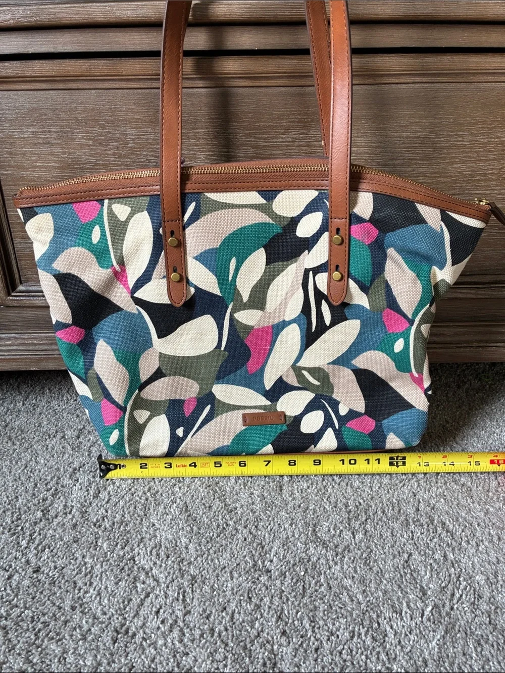 Fossil Canvas Tote in Multicolor Leaf Print with Tan Leather Handles